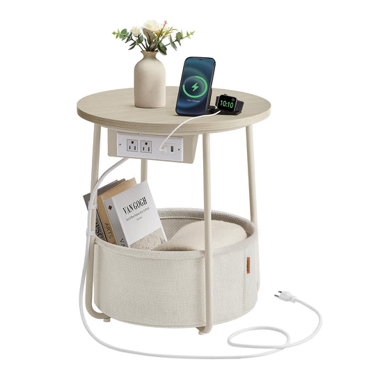 VASAGLE Side Table with Charging Station, Round End Table with Fabric Basket, Nightstand with Power Outlets, USB Ports, for Living Room, Bedroom, Modern, Cream White ULET228N01