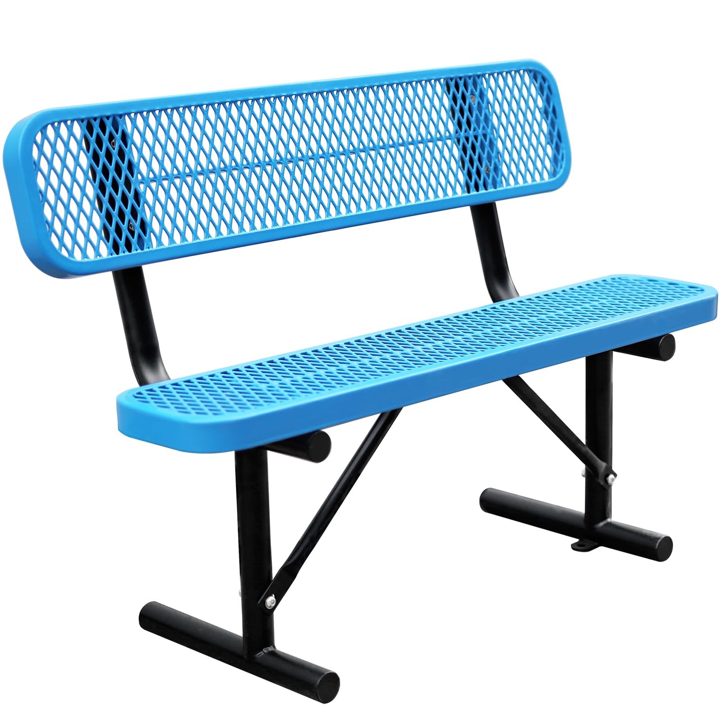 4Ft Outdoor Bench with Back Portable Frame, Outdoor Steel Park Bench with Backrest, Expanded Metal Mesh Bench for Outside, Lawn, Backyard, Park, Garden, Patio, Porch, Bule