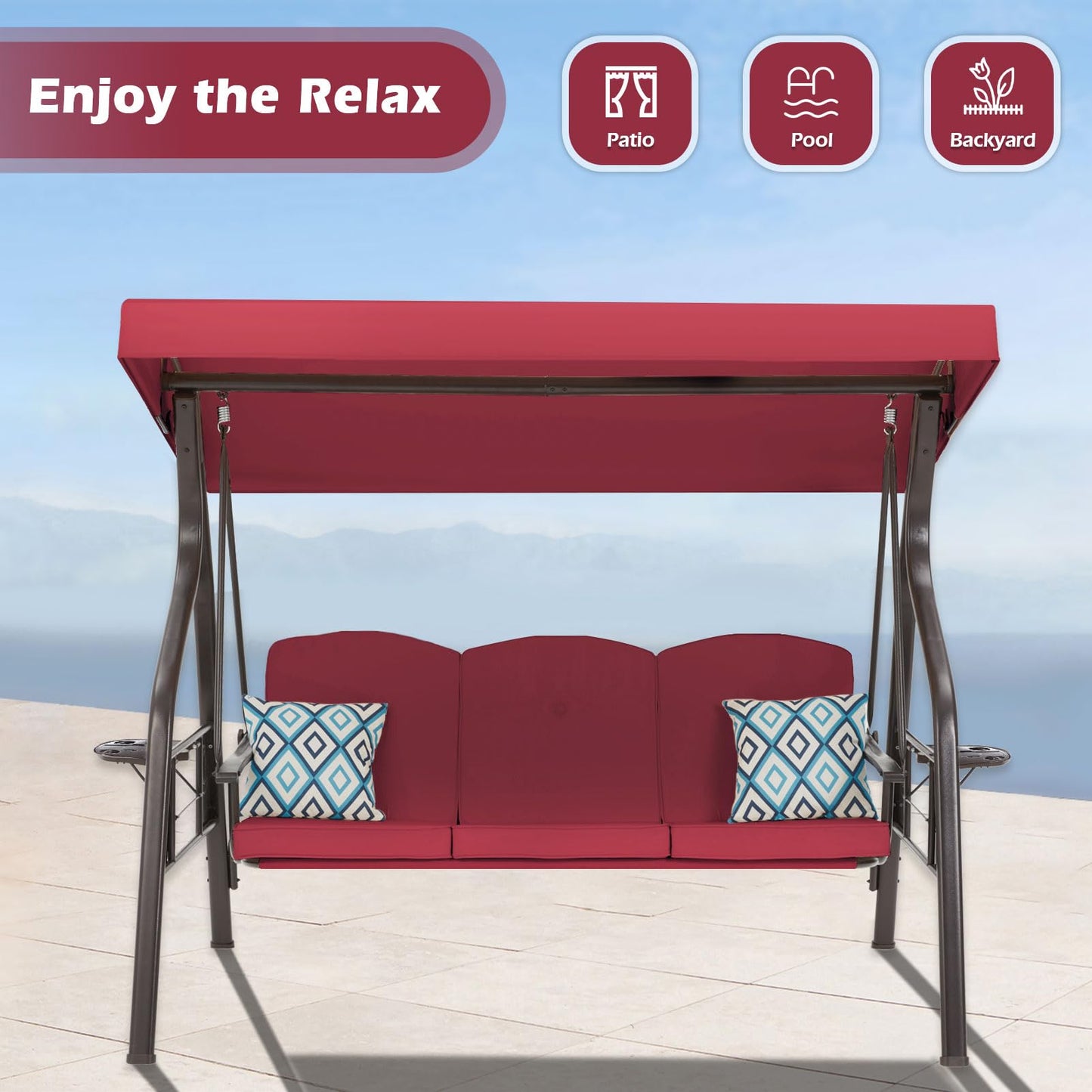 ZZW 3-Seat Outdoor Porch Swing with Stand, Patio Swing with Canopy, 2 in 1 Porch Swing Bed & Patio Swing Chair for Adult w/Extra Pillows and Cup Holder for Yard (Wine Red)