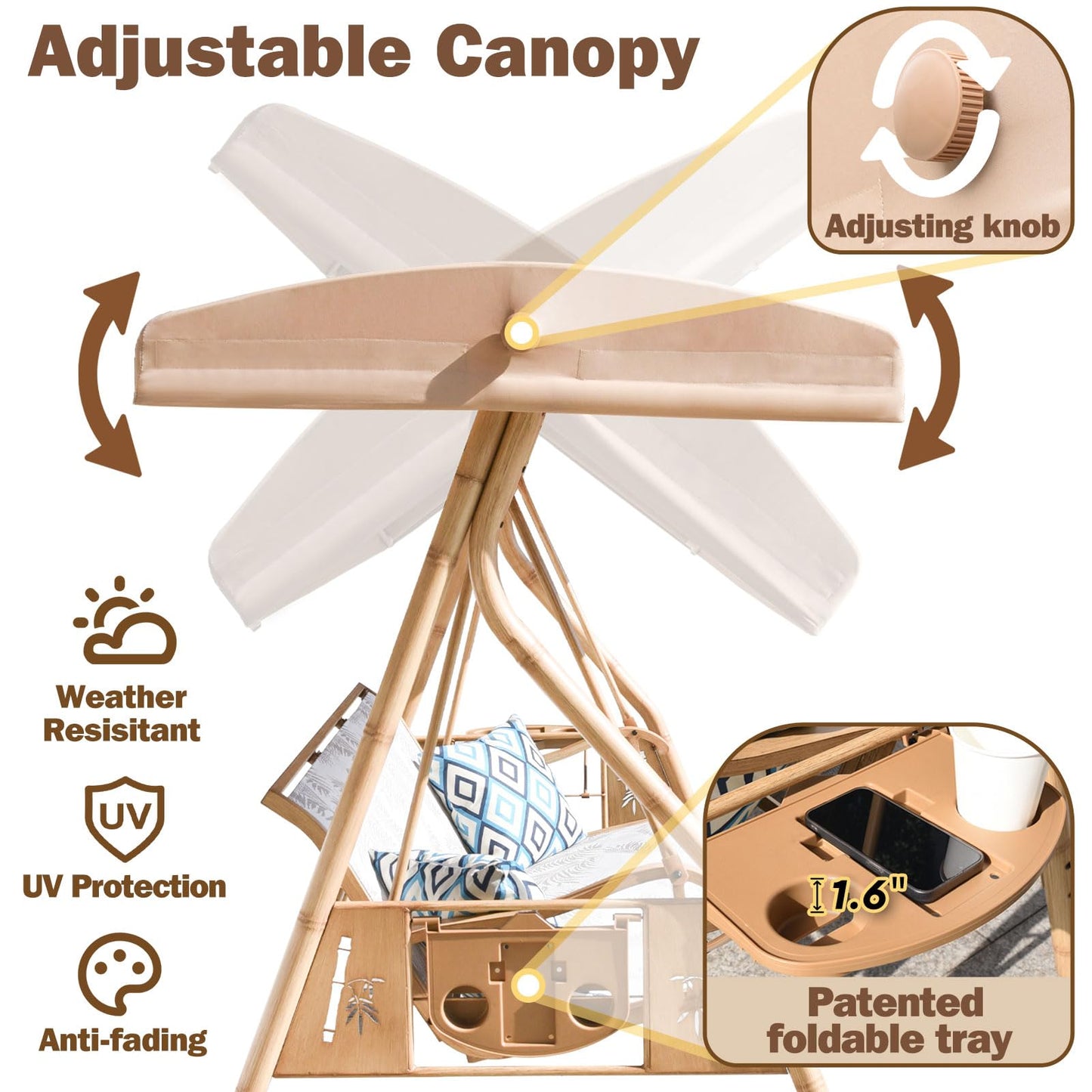 ZZW 3 Person Patio Swing Outdoor Swing for Adults with Adjustable Canopy &Upgraded Cup Holders Textilene Fabric Porch Swing Chair with Stand Heavy Duty 800 LBS