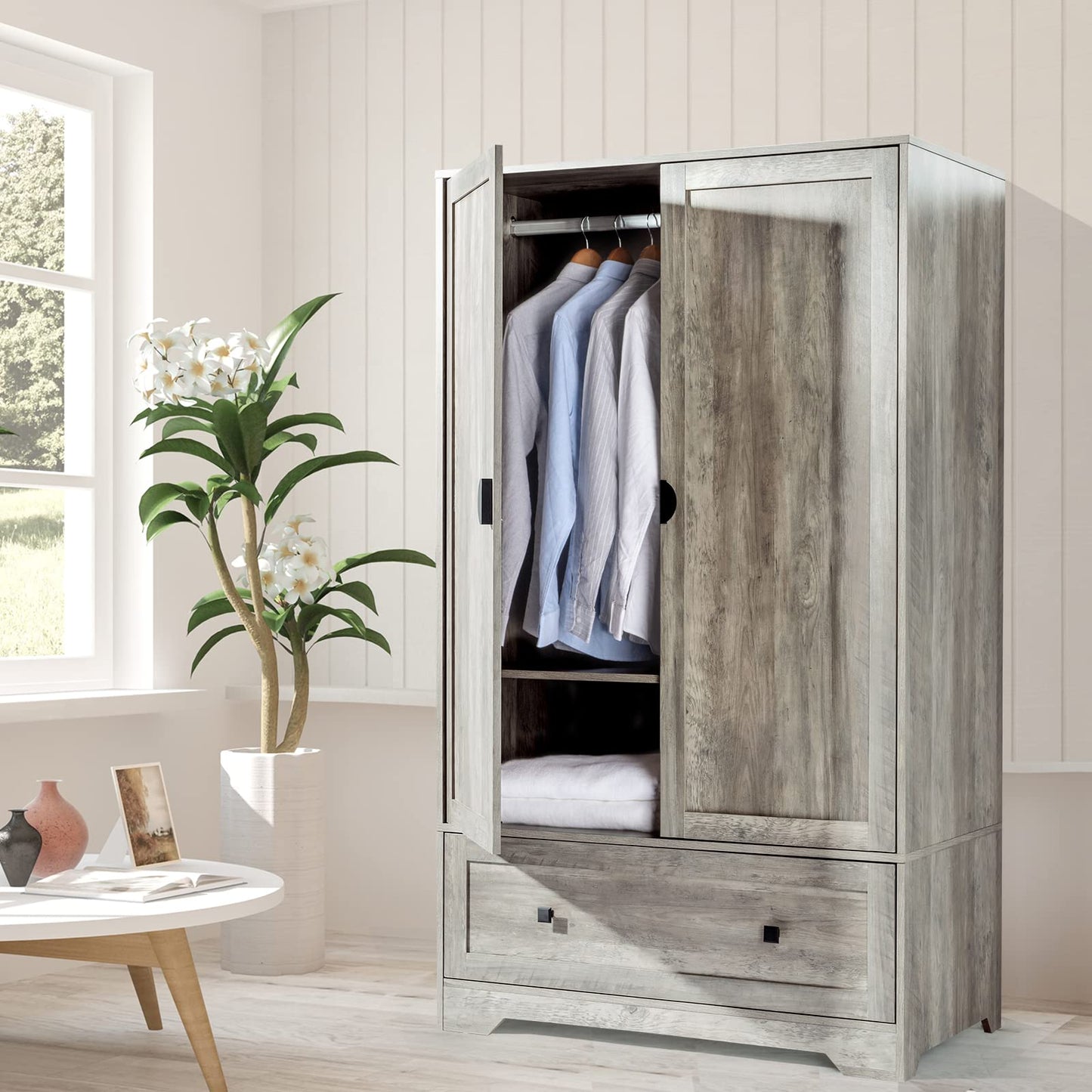 VINGLI Wide Armoire Wardrobe Closet with Hanging Rod, Adjustable Shelves and Drawer, Freestanding Wardrobe Closet with Doors, Bedroom Armoires and Wardrobes, Rustic Grey
