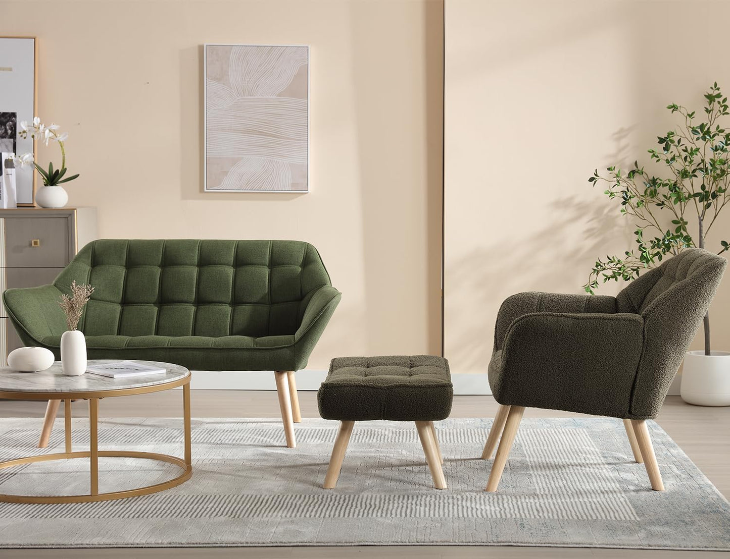 ZH4YOU Sherpa Accent Reading Chair with Ottoman, Modern Fuzzy Chair with Ottoman Upholstered Armchair with Wood Legs Comfy Lounge Chair for Small Spaces Living Room Bedroom Book Nook, Green