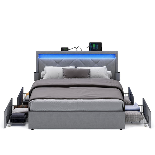 VASAGLE LED Bed Frame Queen Size, Queen Bed with Headboard and 4 Drawers, 1 USB Port and 1 Type C Port, Adjustable Upholstered Headboard 36.7/39.3 Inches, No Box Spring Needed, Light Gray URMB821G01