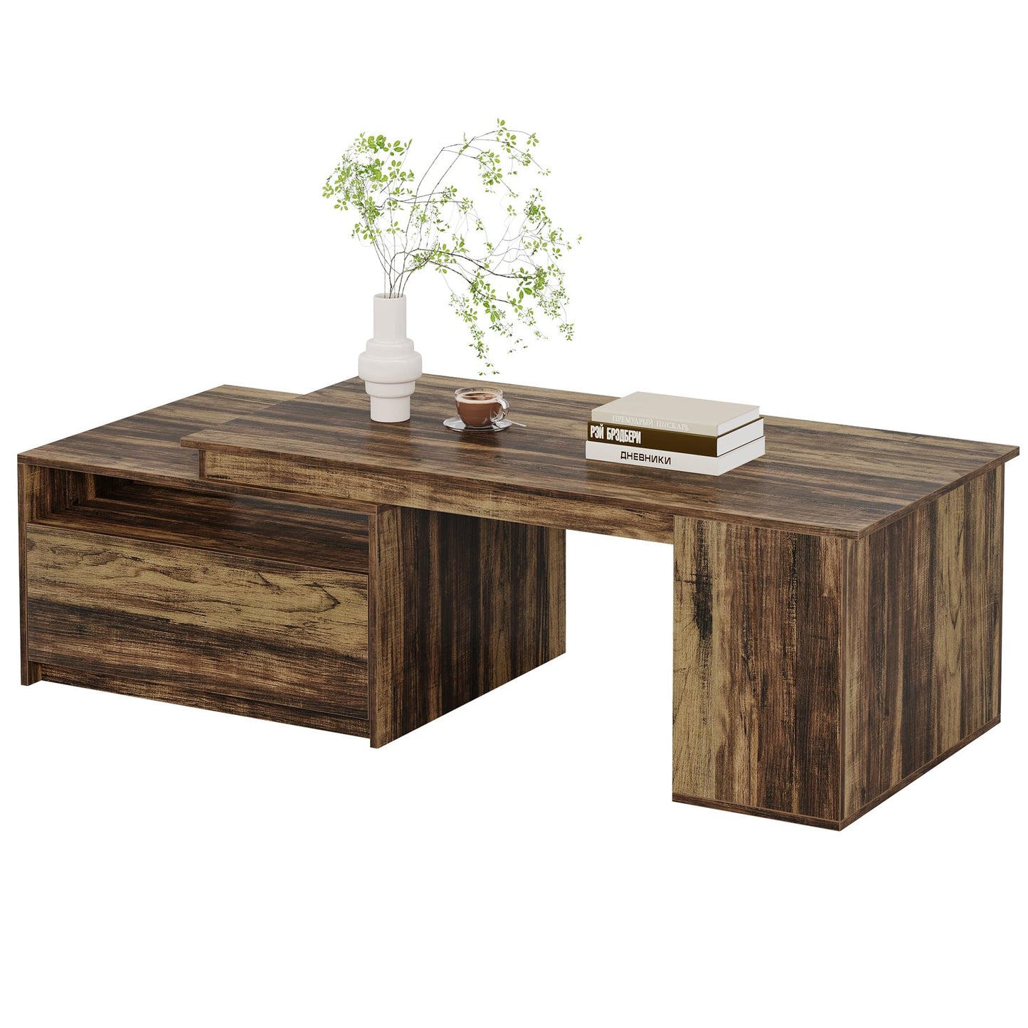 Tribesigns Extendable Coffee Table, 47"-70" Length Wooden Center Table with Drawer, Reversible Farmhouse Cocktail Table with Storage for Living Room, Rustic Brown