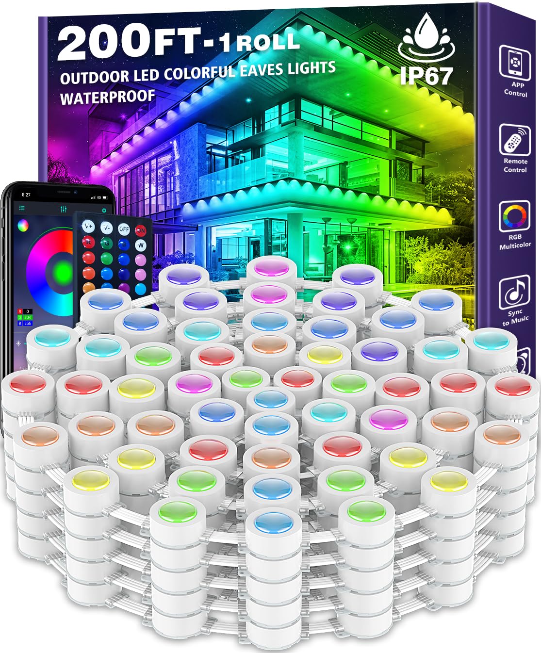 200FT Permanent Outdoor RGB Lights,Waterproof Smart LED Eaves Lights with App/Remote Control,for Christmas and All Holiday Decor,Daily and Accent Lighting,House Roof and Garden Lighting