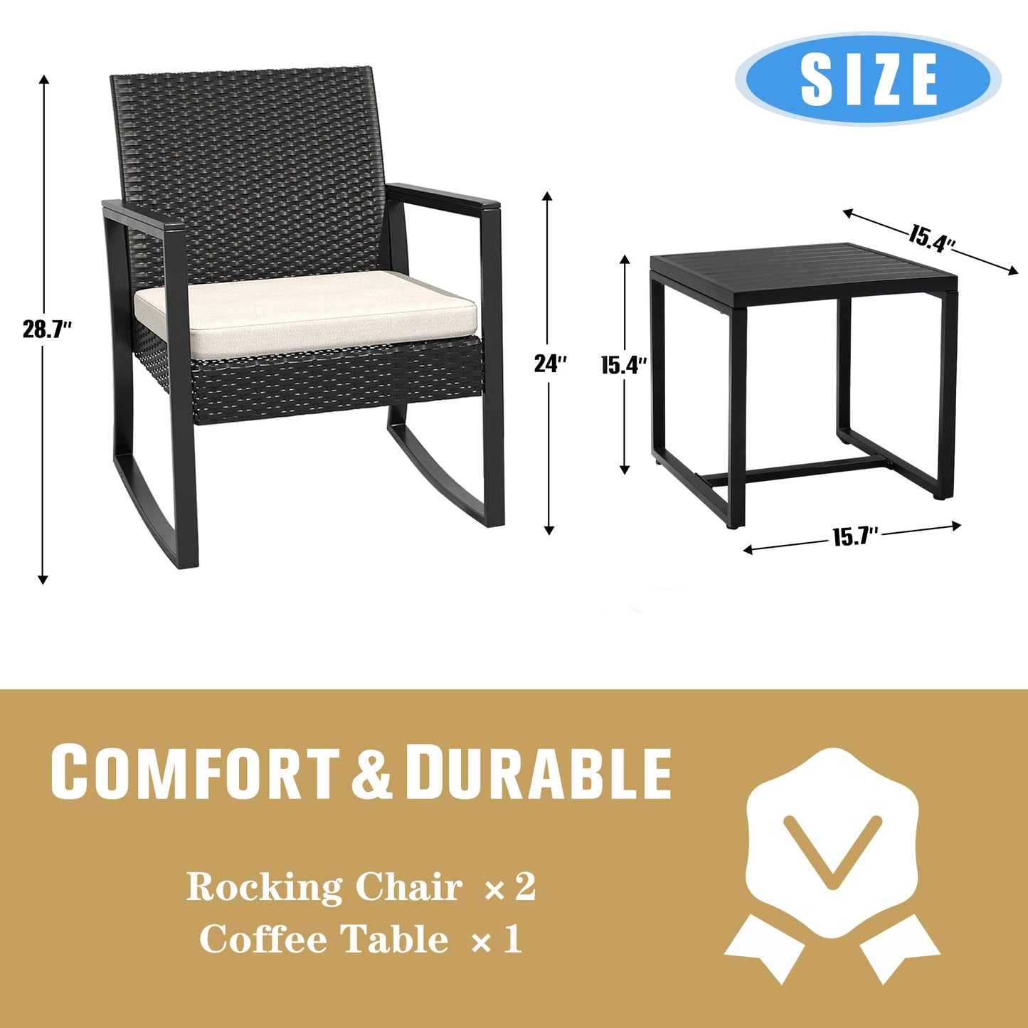 WWR 3 Pieces Outdoor Patio Furniture Set Rocking Wicker Rattan Chair Set Patio Bistro Conversation Set 3 Pcs with Coffee Table for Yard & Bistro (Sand)