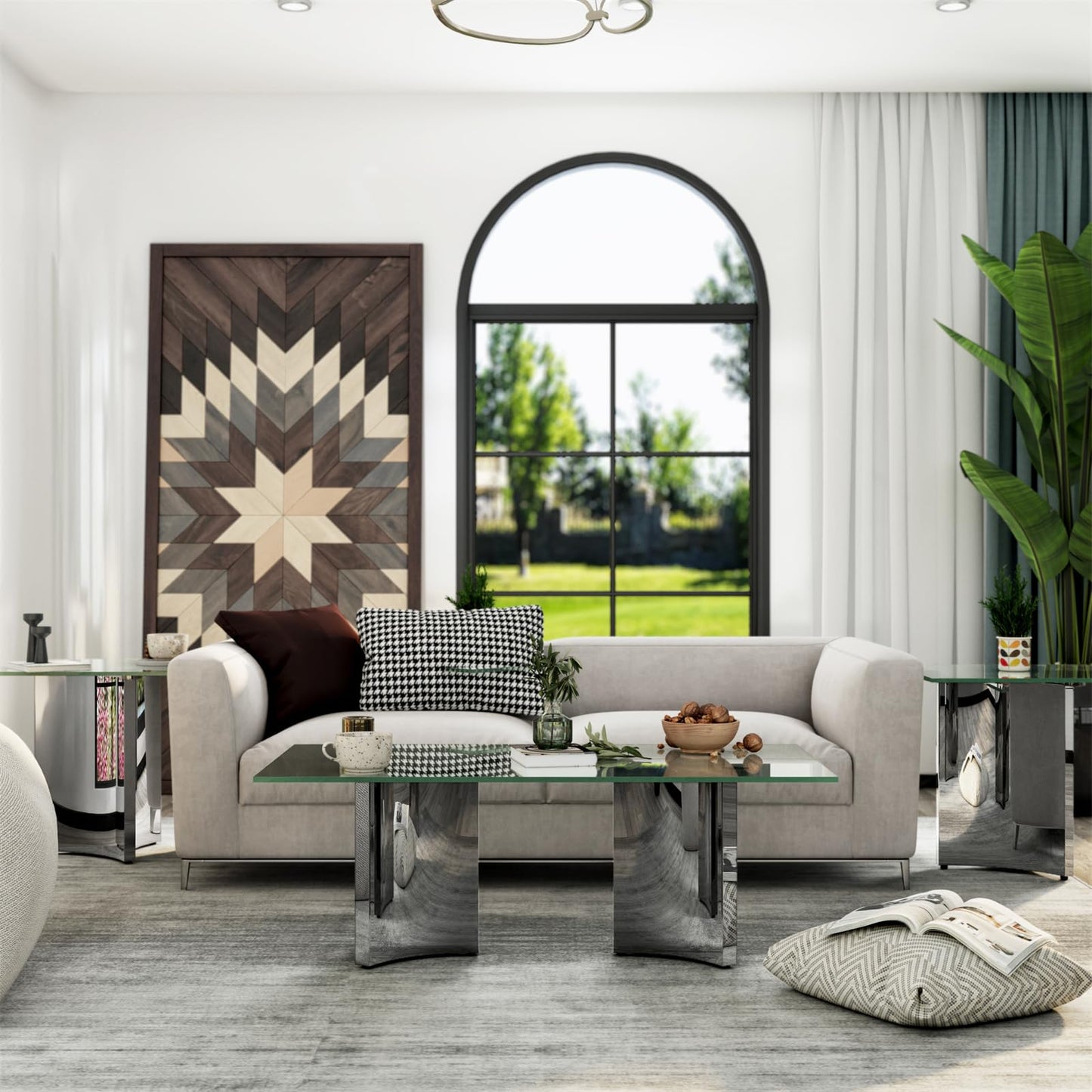 3-Piece Coffee Table Set, Modern Coffee Table & 2 End Table, Living Room Tables with Tempered Glass Top and Silver Mirrored Stainless Steel Geometric Base