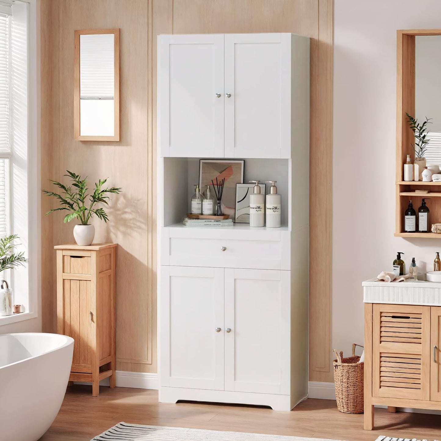 Tall Bathroom Storage Cabinets with Drawer, Modern Linen Cabinet with Doors & Shelves, 67"H Tall Storage Cabinet Freestanding for Bathroom, Living Room, Kitchen & Pantry, Laundry, Narrow Corner, White