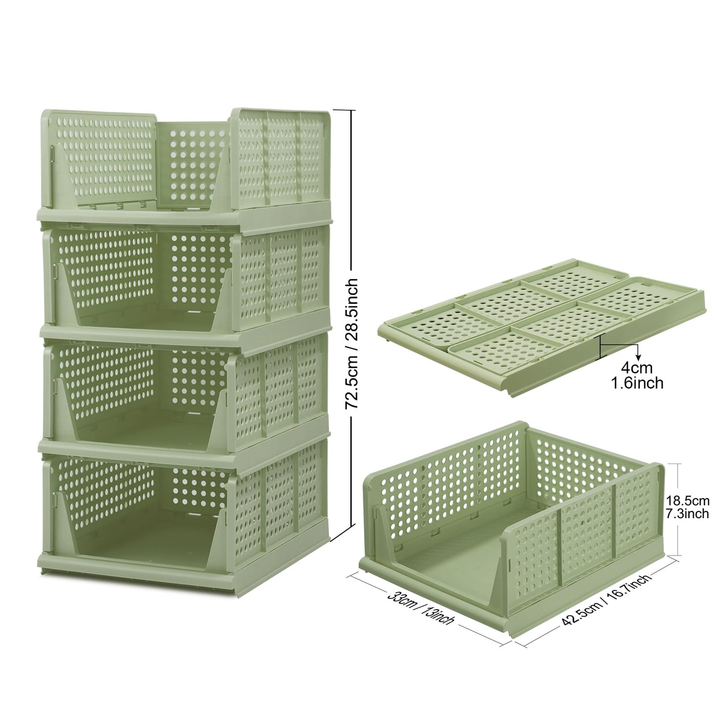 4-Pack Folding Wardrobe Storage Box Plastic Drawer Organizer Stackable Shelf Baskets Cloth Closet Container Bin Cube Home Office Bedroom Laundry Drawer Dividers for Clothes Toy Organization (Green)