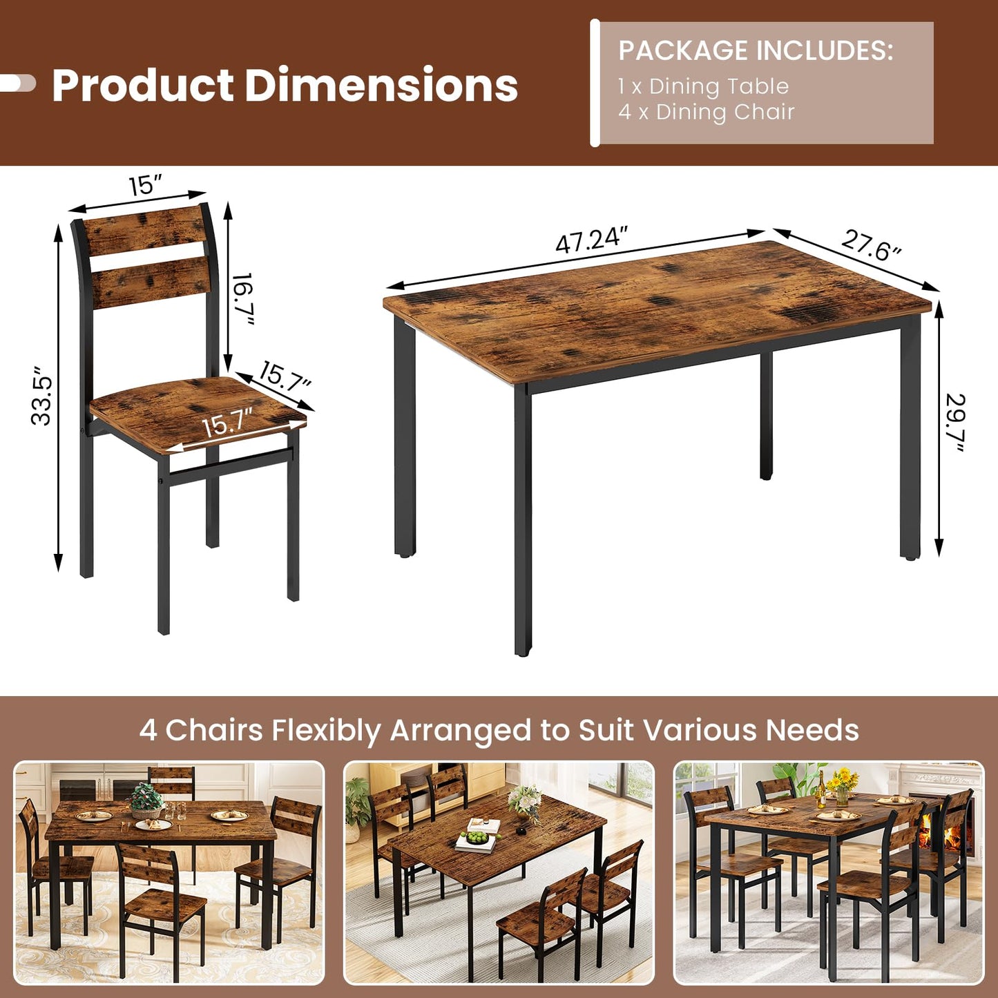 DKLGG Dining Room Table Set for 4 Farmhouse 5 Piece Dining Table Set, Small Kitchen Table Set for 4 for Kitchen and Dining, Apartment (Rustic Brown)