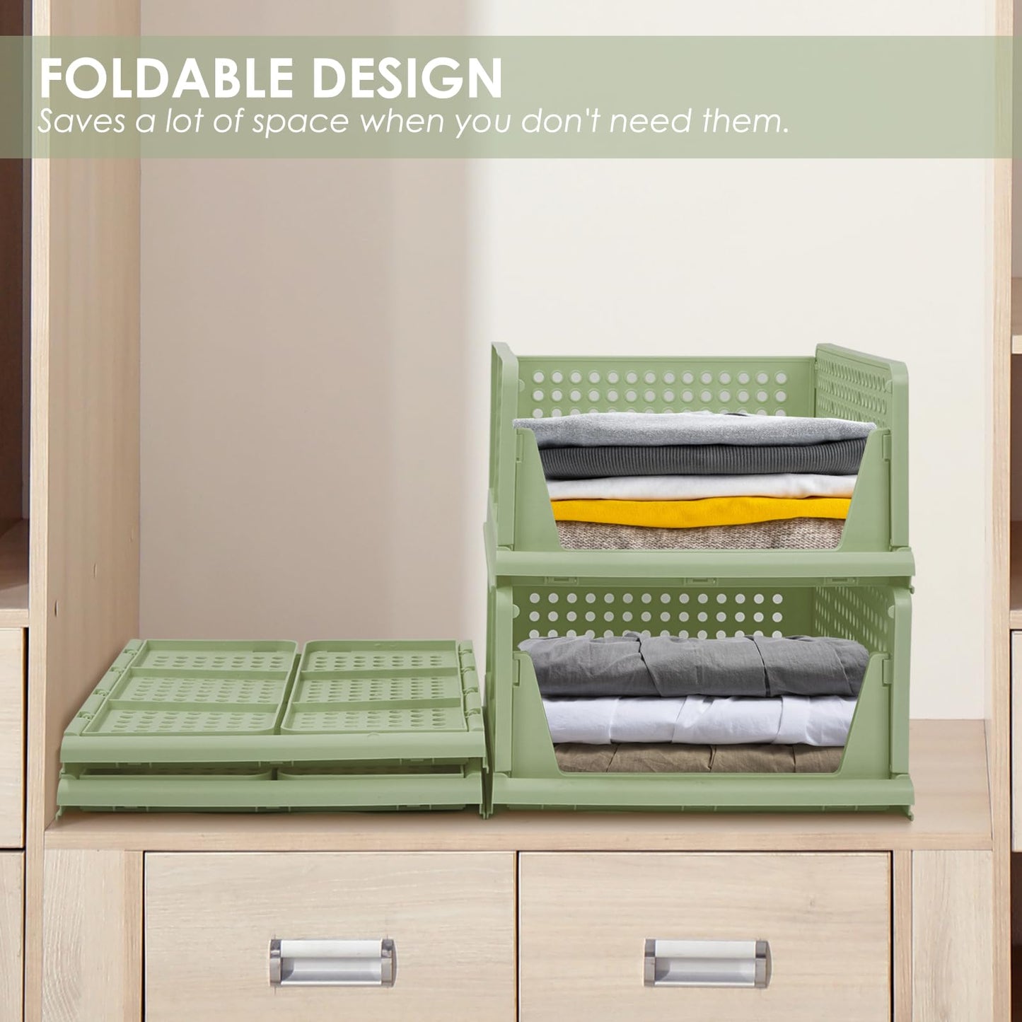 4-Pack Folding Wardrobe Storage Box Plastic Drawer Organizer Stackable Shelf Baskets Cloth Closet Container Bin Cube Home Office Bedroom Laundry Drawer Dividers for Clothes Toy Organization (Green)