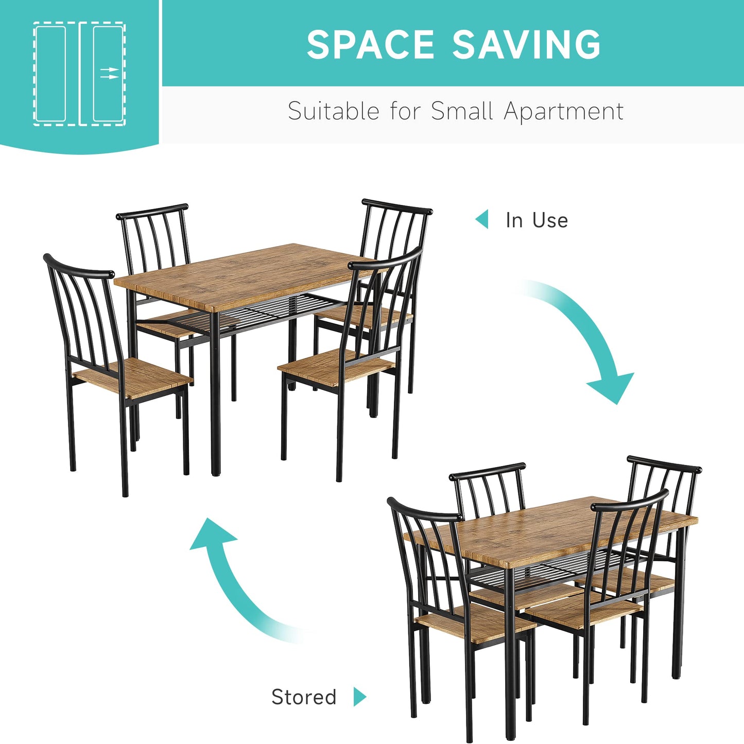 IDEALHOUSE 5 Piece Dining Table Set for 4, Kitchen Table and Chairs for 4 with Storage Rack, Metal and Wood Rectangular Dining Room Table Set for Kitchen, Dining Room, Dinette, Rustic Brown