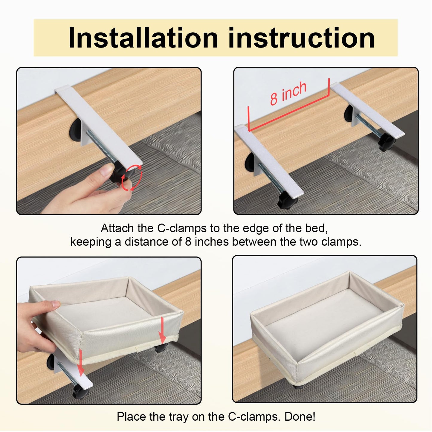WOMACO Bedside Shelf for Bunk/Loft Bed, College Dorm Room, Top Bunk Bed Side Tray, Clamp On Bedside Remote Control Storage Caddy Cup Holder (Beige, Medium)