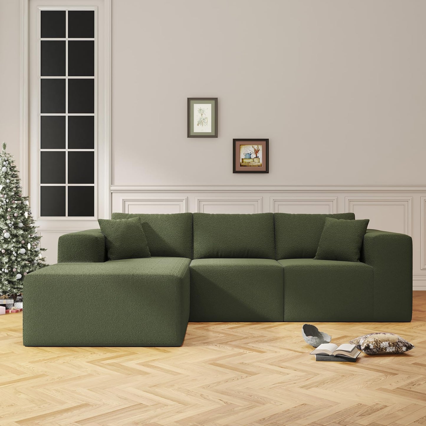 108" Cloud Sectional Couch with L-Shape Chaise,4 Seat Modern Modular Sofa with Deep Seat, Upholstered Couches for Living Room Bedroom, Sectional boneless couch with pillows,No Assembly Required(Green)