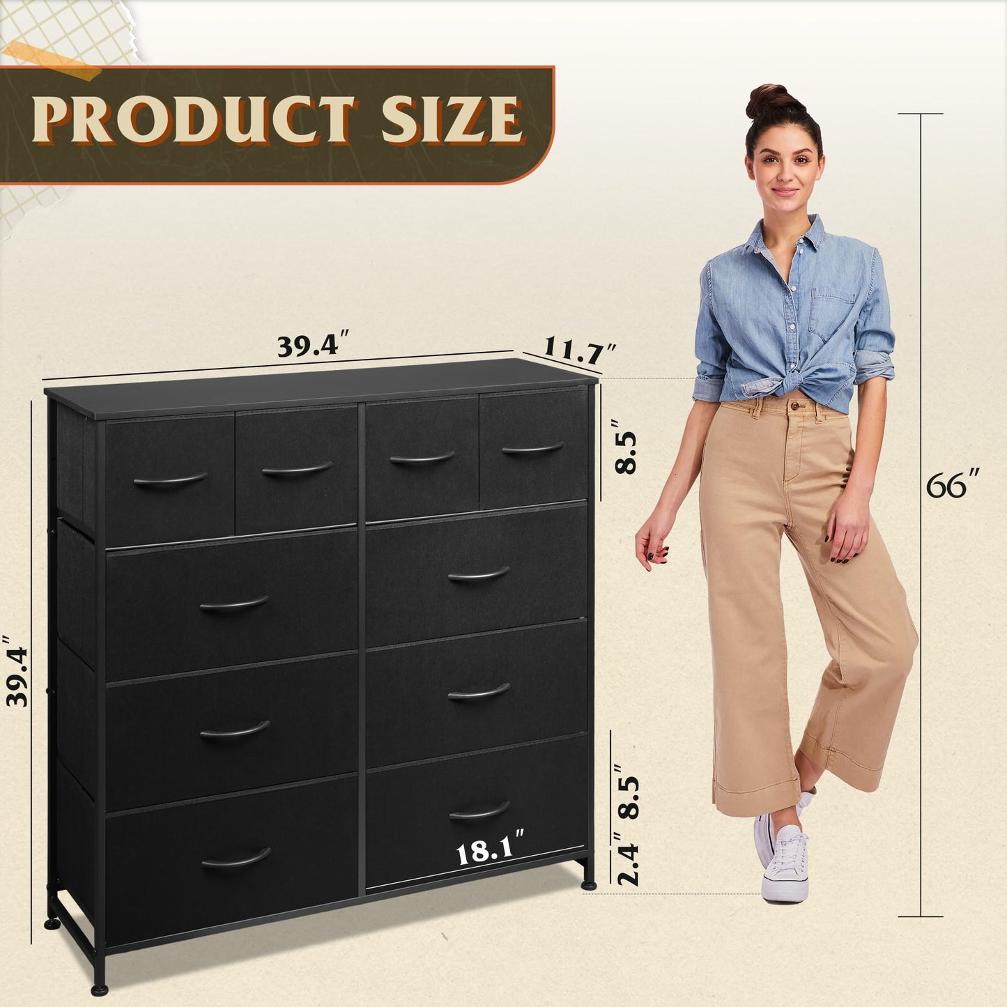 WLIVE Dresser for Bedroom with 10 Fabric Drawers, Tall Chest Organizer Units for Clothing, Closet, Storage Tower with Cabinet, Metal Frame, Wooden Top, Black Dresser for Living Room