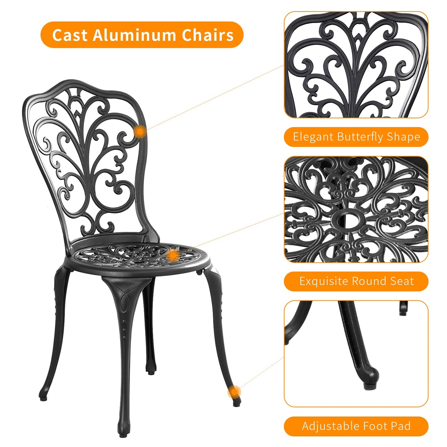 Withniture Outdoor Bistro Set 3 Piece Patio Bistro Set, Cast Aluminum Bistro Table and Chairs Set of 2, Small Patio Table Set for Porch, Black