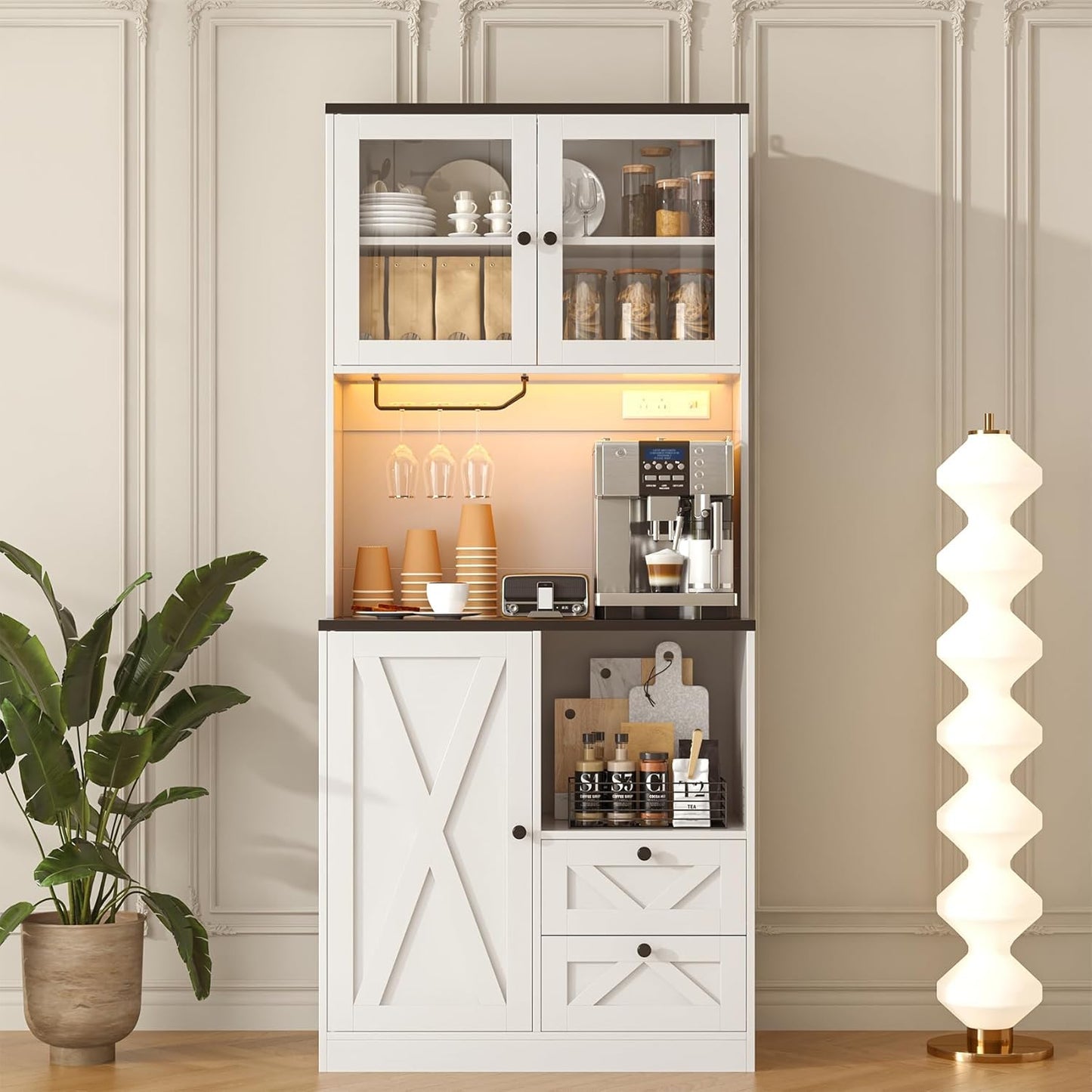 71" Tall Coffee Bar Cabinet with Storage Hutch, Farmhouse Kitchen Pantry Cabinet with LED Lights Microwave Stand and Glass Holder for Home Dining Room Kitchen,White