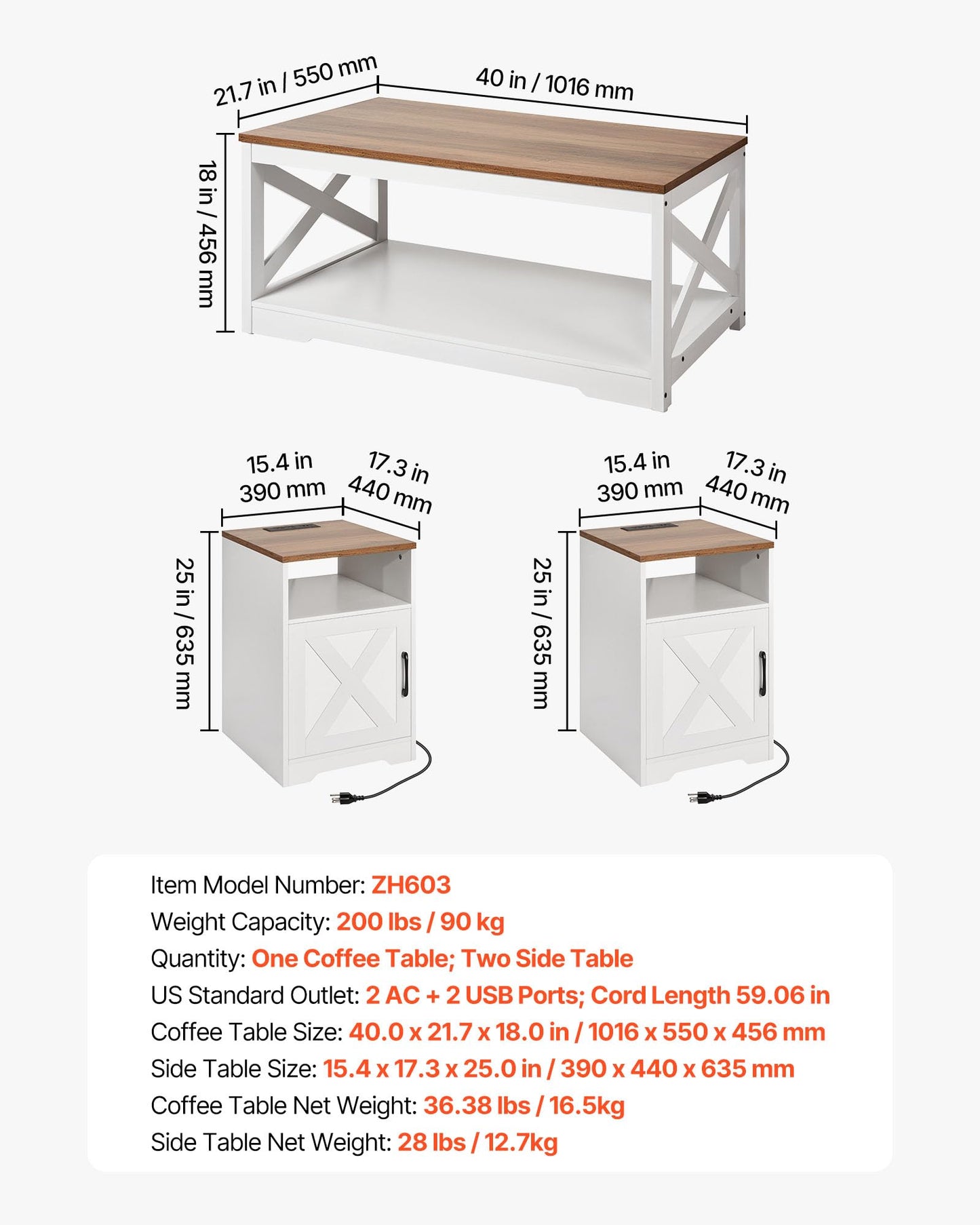 VEVOR 3 Pieces Farmhouse Coffee Table Sets, 40 Inch Industrial Coffee Table with 2 End Tables, Easy Assembly Coffee and Side Tables Sets with Charging Station, for Office, Living Room & Apartment
