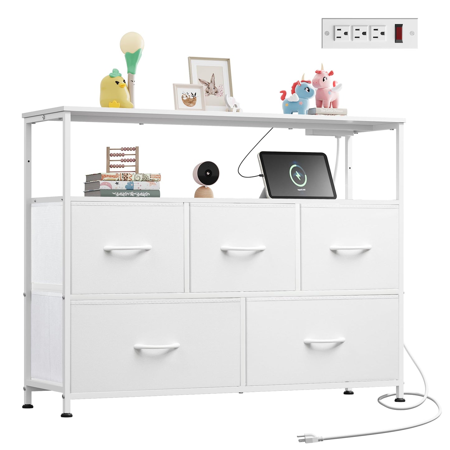 WLIVE White Dresser for Bedroom, 5 Drawer Dressers with Charging Station, Fabric Chest of Drawers with Open Shelves, Storage Dresser for Living Room, Closet, Entryway