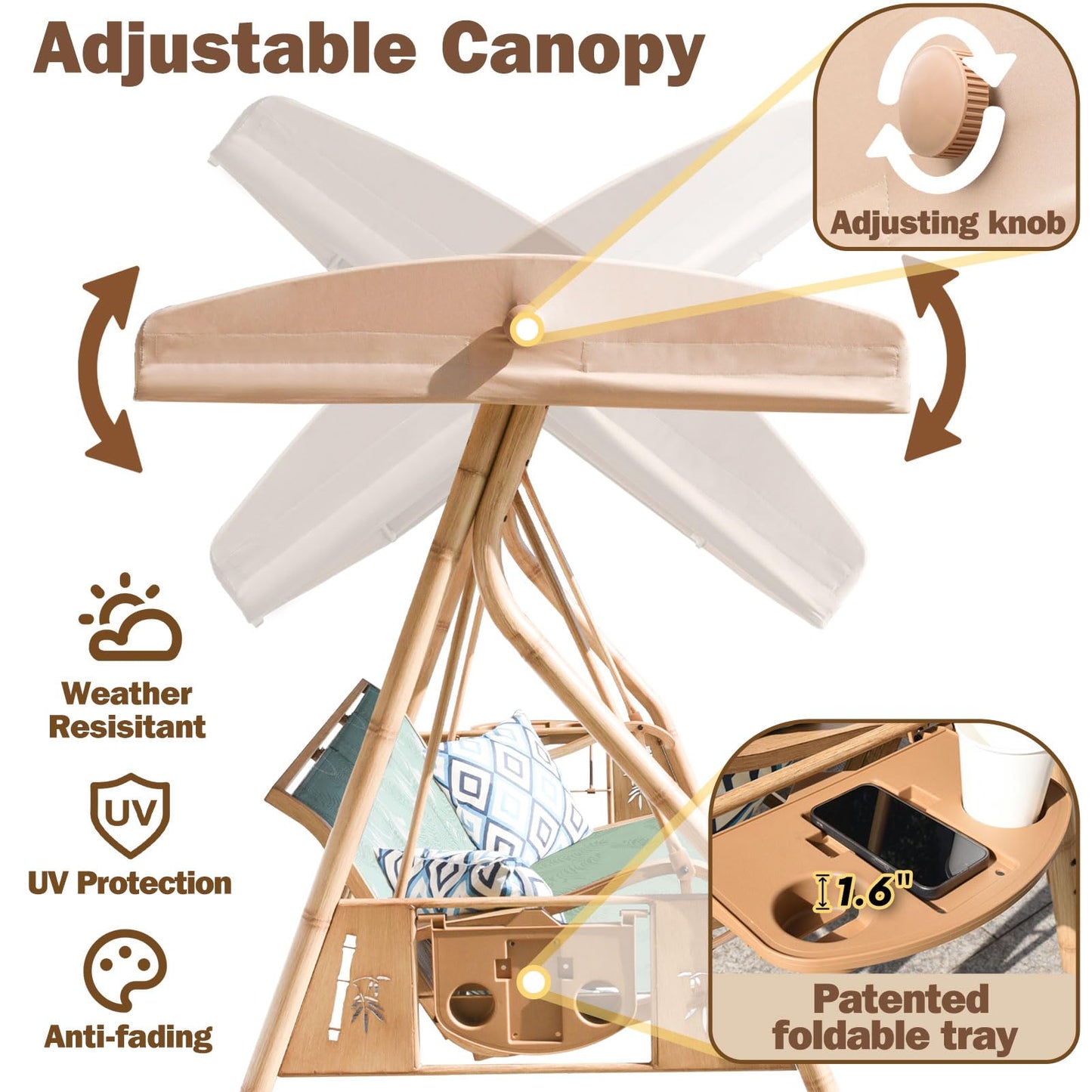 ZZW 3 Person Patio Swing Outdoor Swing for Adults with Adjustable Canopy &Upgraded Cup Holders Textilene Fabric Porch Swing Chair with Stand Heavy Duty 800 LBS
