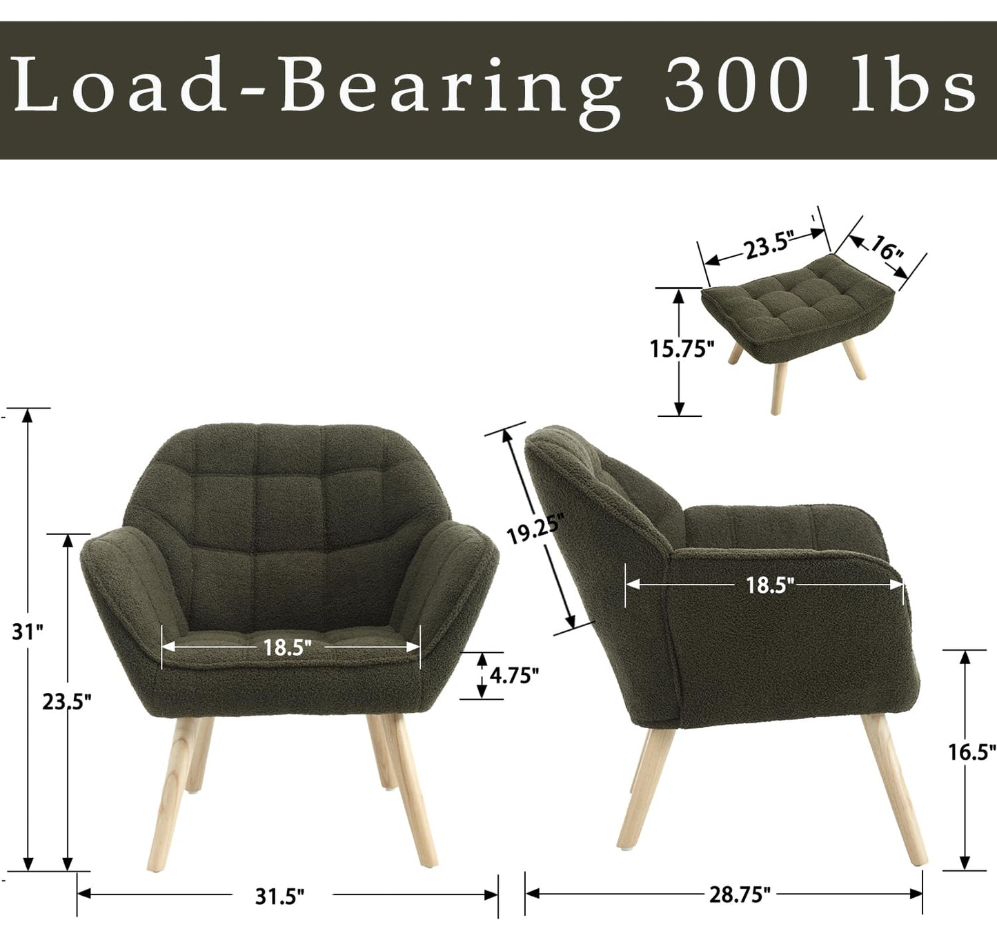 ZH4YOU Sherpa Accent Reading Chair with Ottoman, Modern Fuzzy Chair with Ottoman Upholstered Armchair with Wood Legs Comfy Lounge Chair for Small Spaces Living Room Bedroom Book Nook, Green