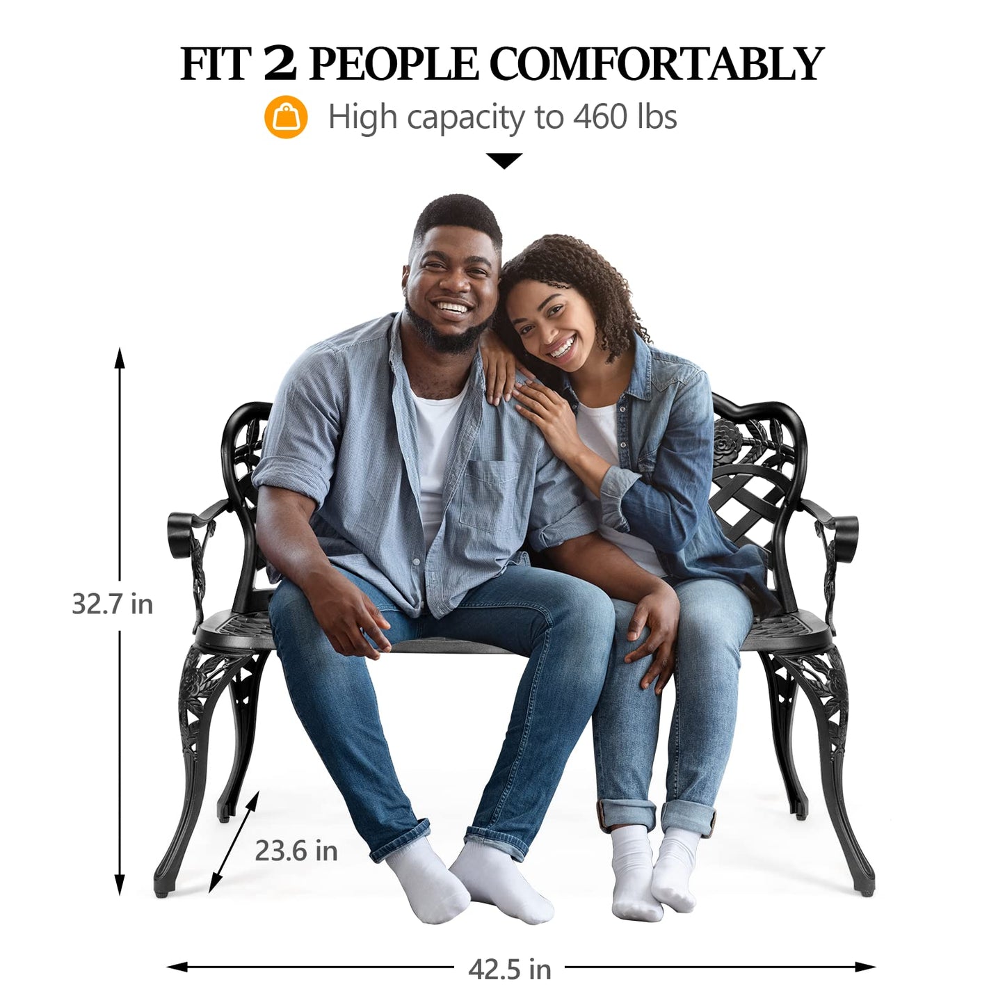 VINGLI 42.5" Outdoor Bench, Antique Cast Aluminum Front Porch Bench Metal Garden Benches Cast Iron Benches 2-3 People Seating (Black)