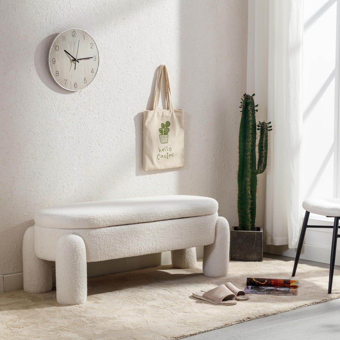 Ya-Home Modern Storage Bench, 44.7 Inch Upholstered Ottoman Bench Sherpa Fabric End of Bed Stool, Cute Entryway Bench for Bedroom Living Room Entryway, White