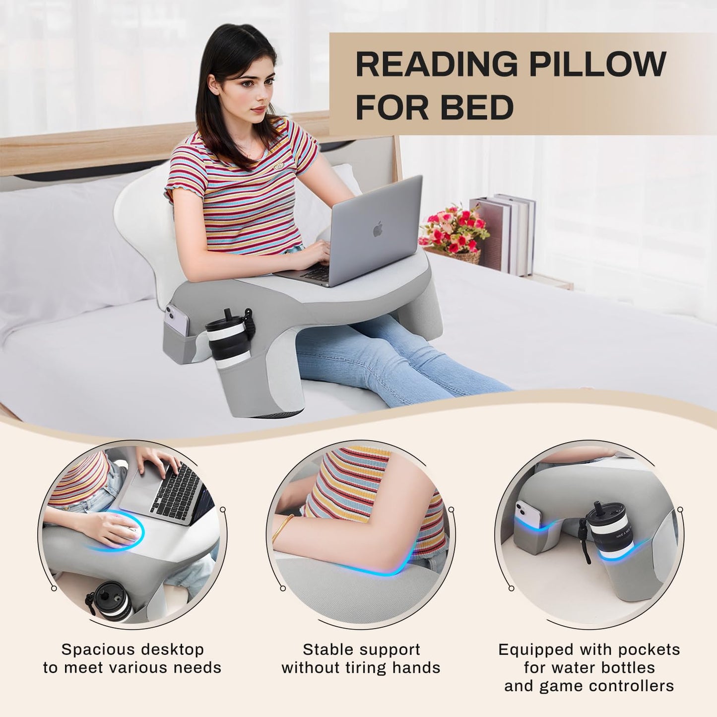WOGAHEV Reading Pillow for Bed, Lap Desk for Laptop, Memory Foam Arm Rest Support Gaming Pillow with Cup/Phone Pocket, Laptop Lap Desk for Working, Gaming, Reading on Couch Bed Floor- Grey