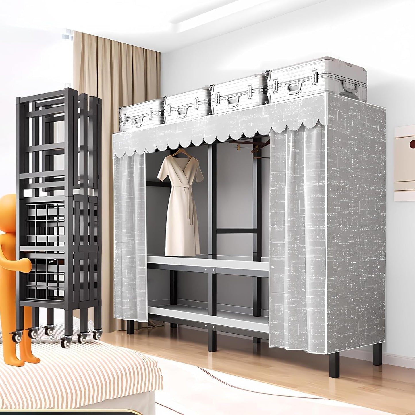 71in Foldable Portable Wardrobe Closet with Magnetic Door 2000lbs Heavy-duty Clothe Rack with Wheels and Cover Large Covered Clothing Coat Storage Organizer System (Grey zipper, 70.86in/5.9ft)