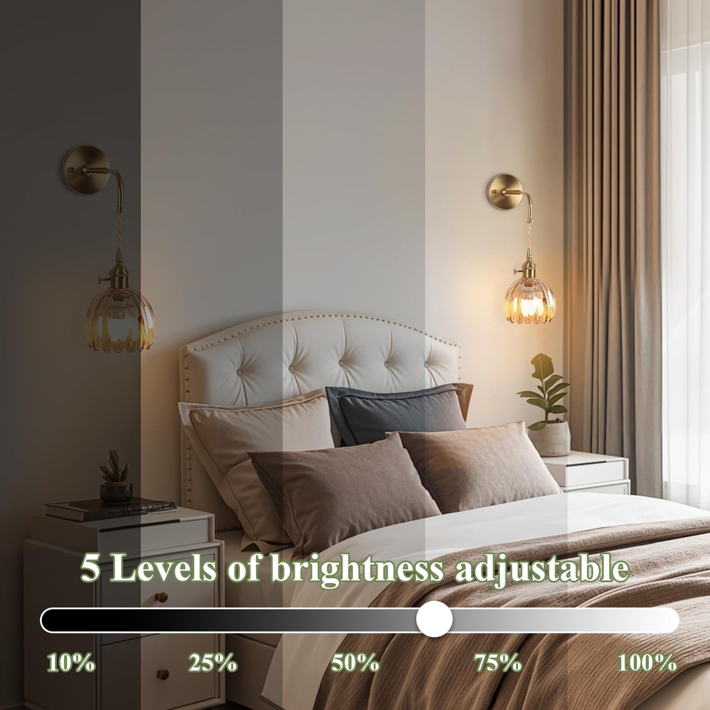 Vintage Battery Operated Wall Sconces Sets Of Two,Indoor not Hardwired Amber Tulip Glass Lampshade Fixtures,Rechargeable Wireless RGB Wall Lights with Dimmable Remote Control,for Bedroom Living Room