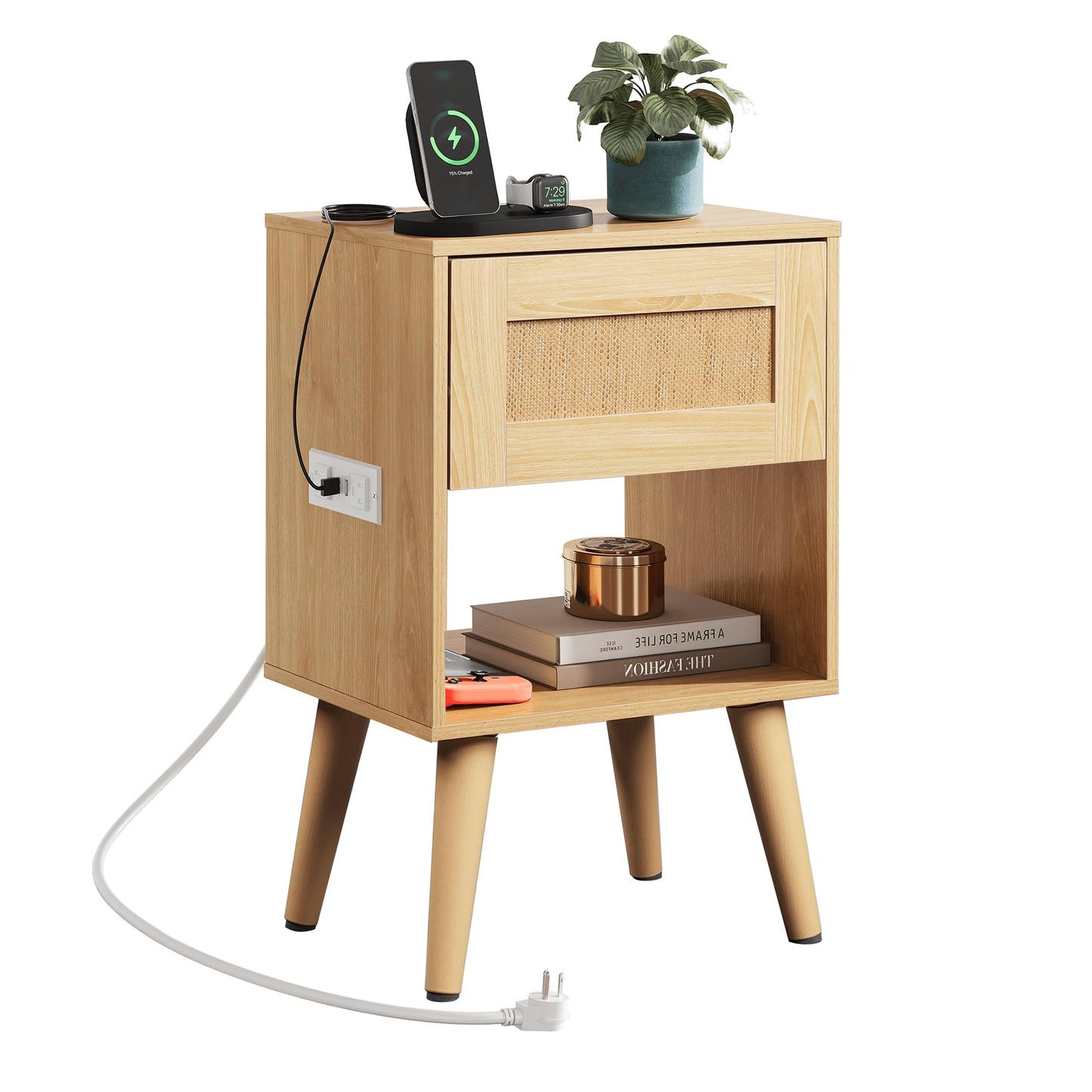 WLIVE Rattan Nightstand with Charging Station, Boho Night Stand, Small Bedroom Side Table, End Table with Drawer and Storage, Wood Bedside Tables for Bedroom, Small Spaces, Natural Oak