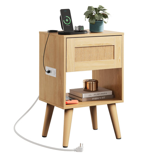 WLIVE Rattan Nightstand with Charging Station, Boho Night Stand, Small Bedroom Side Table, End Table with Drawer and Storage, Wood Bedside Tables for Bedroom, Small Spaces, Natural Oak