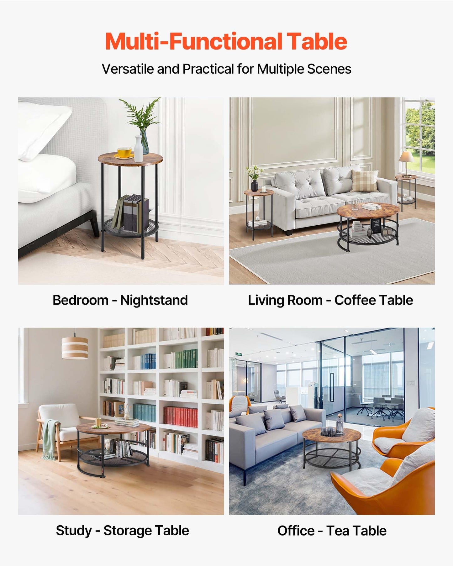 VEVOR 3 Pieces Round Coffee Table Sets, 31.5 in Industrial Living Room Table with 2 End Side Tables, Easy Assembly Coffee and End Tables Sets with Metal Legs, for Office, Living Room and Apartment