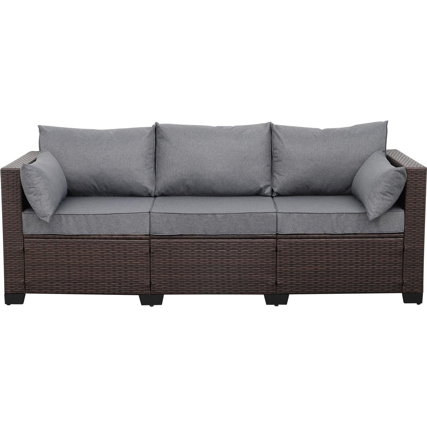 WAROOM Patio Couch PE Wicker Outdoor 3-Seat Sofa Brown Rattan Furniture Set Deep Seating with Anti-Slip Grey Cushion