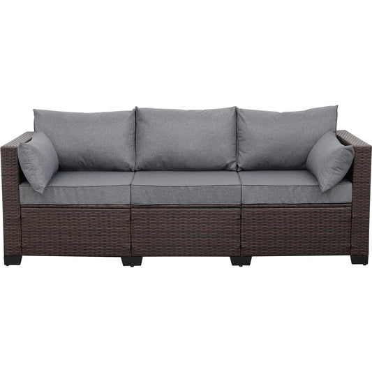 WAROOM Patio Couch PE Wicker Outdoor 3-Seat Sofa Brown Rattan Furniture Set Deep Seating with Anti-Slip Grey Cushion