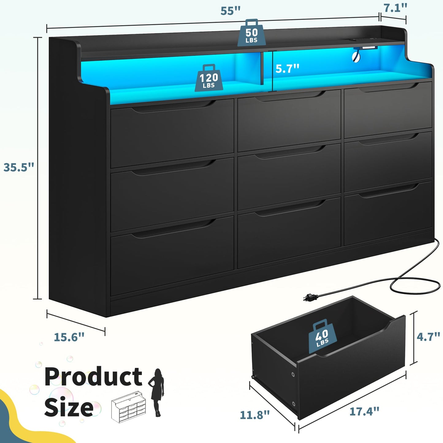 DurayLoly Modern Dresser for Bedroom with LED Light, 9 Drawer Black Dresser with Charging, Wooden Chest of Drawers, Large TV Stand for Bedroom