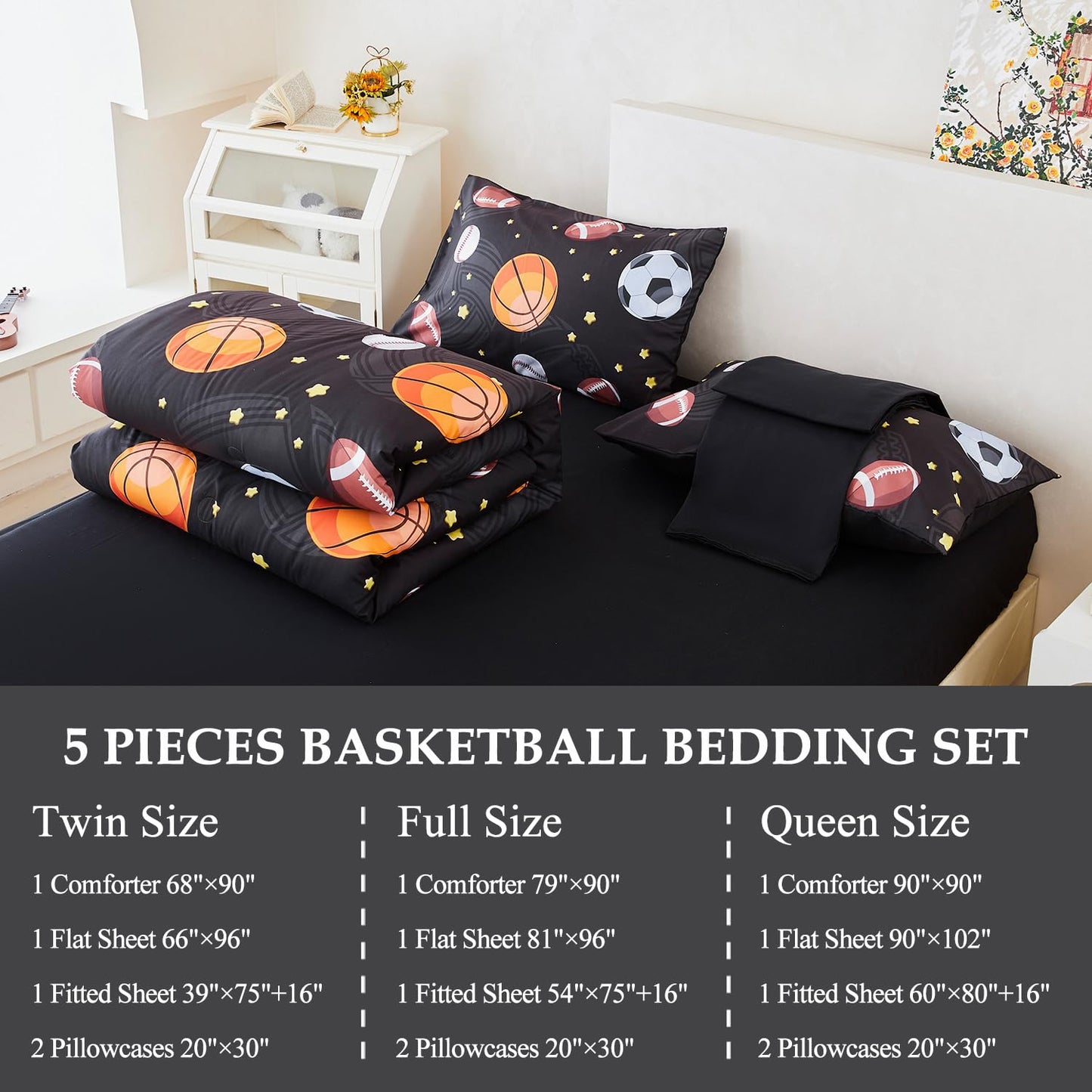 ZSYAYAHA Twin Bedding Set with Comforter 5 Pieces Boys Basketball Bedding Set Kids Sports Bed Set Soft Fluffy Baseball Soccer Bed in A Bag for All Season(Black Balls, Twin)