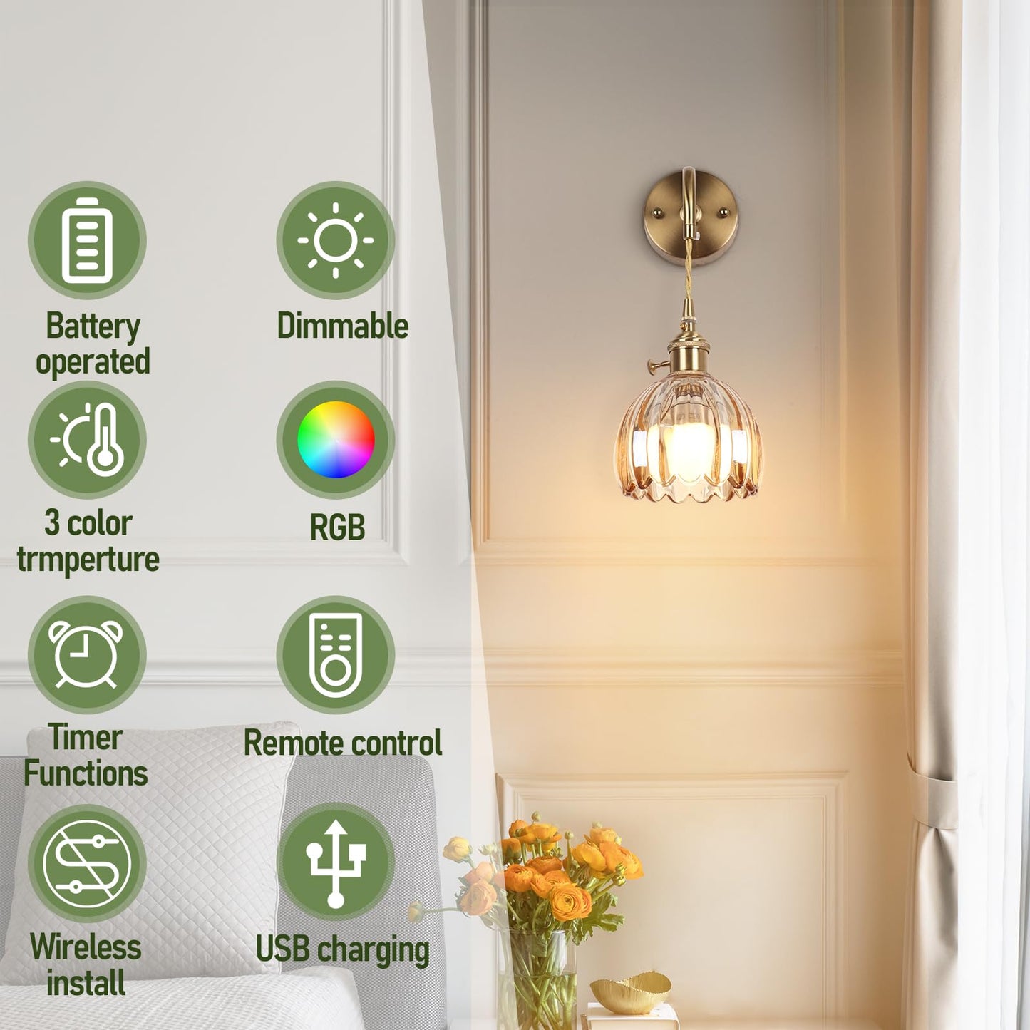 Vintage Battery Operated Wall Sconces Sets Of Two,Indoor not Hardwired Amber Tulip Glass Lampshade Fixtures,Rechargeable Wireless RGB Wall Lights with Dimmable Remote Control,for Bedroom Living Room