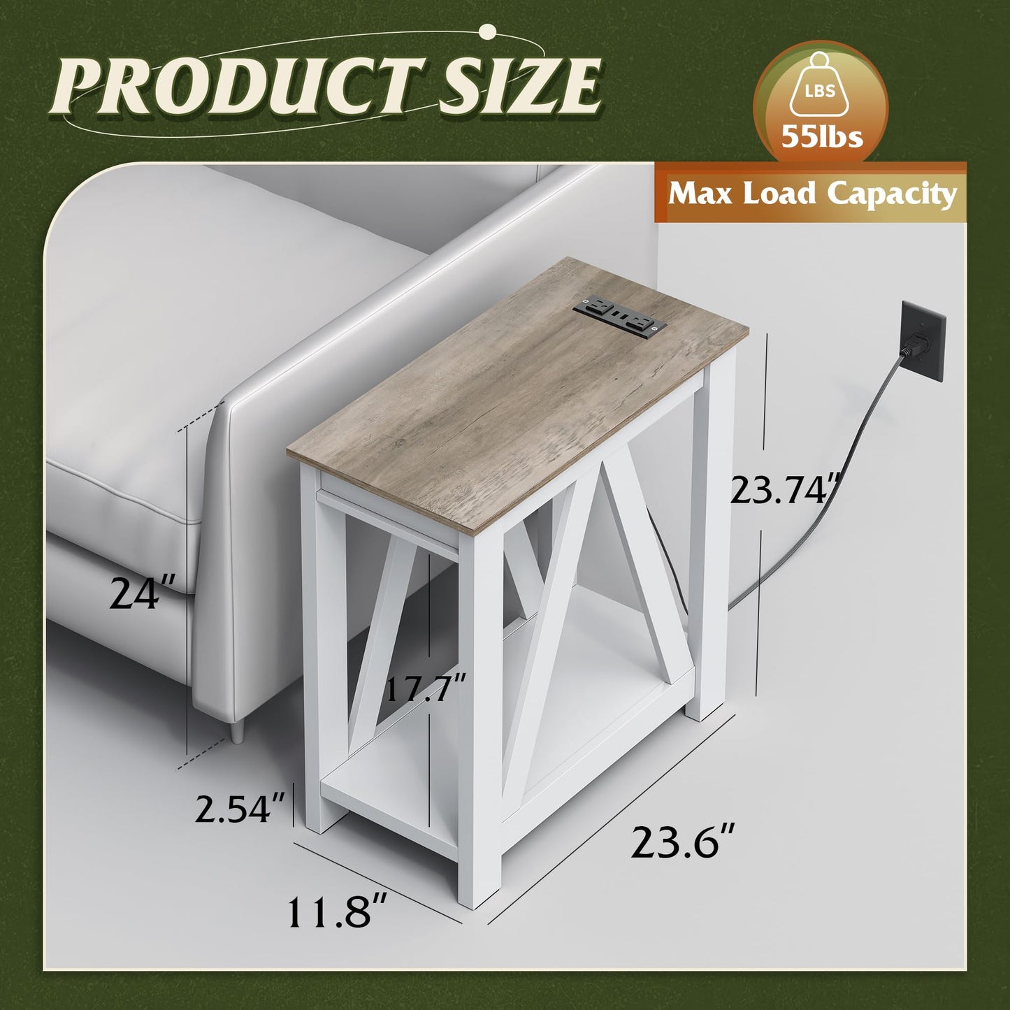 WLIVE Farmhouse End Table, Narrow Side Table with Charging Station, Slim End Table, Side Table for Bedroom, Living Room, Small Spaces, with 2 USB and 2 Power Outlets, 11.8" D x 23.6" W x 23.74" H