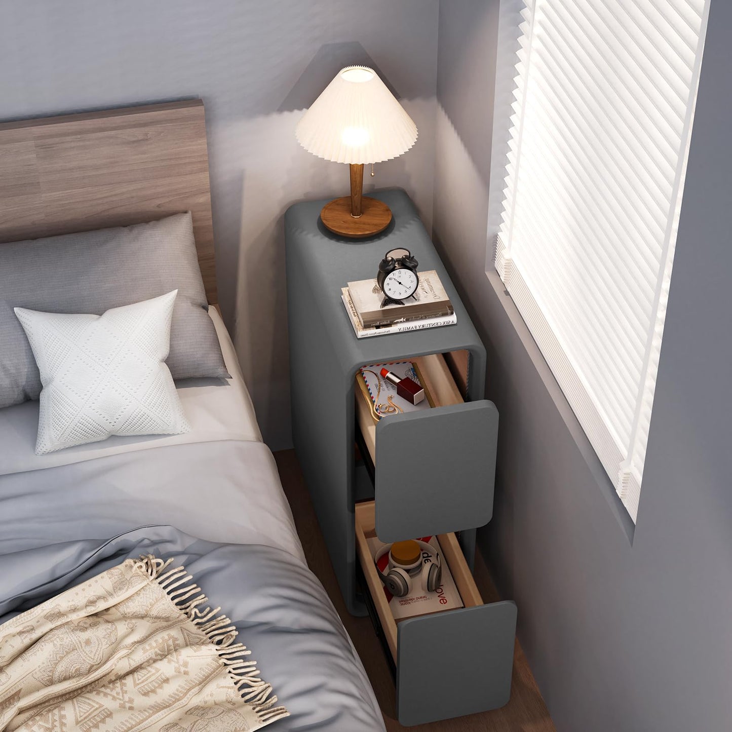 VICITON Modern Narrow Faux Leather Nightstand, Solid Wood Drawer, Storage Accent Table, Small Side End Table for Bedroom (Gray, Narrow)