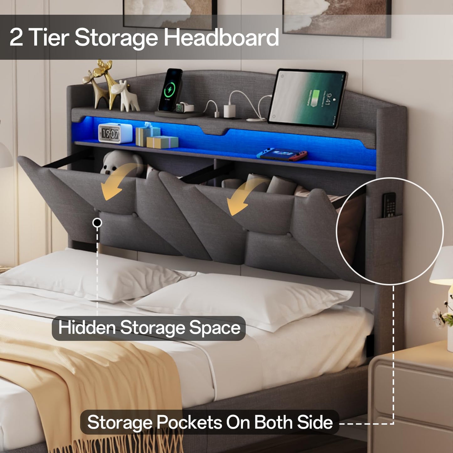 VINTLJUS Queen Size Bed Frame, Queen Bed Frame with Storage Drawers, Upholstered Bed Queen Size with Charging Station and LED Lights, Easy Assembly, Grey