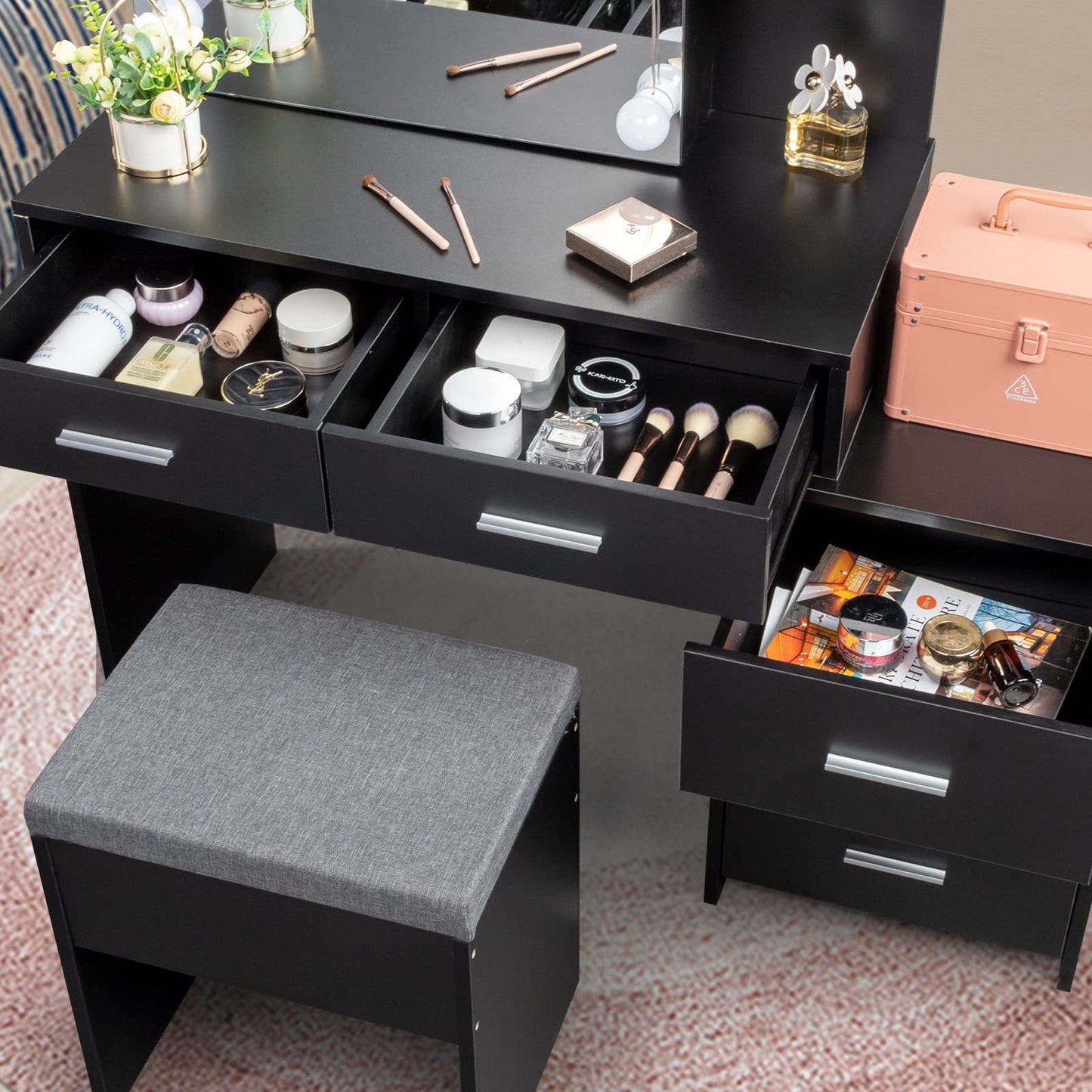 Karl home Lighted Vanity Desk with Sliding Mirror Black Makeup Table with 5 Drawers, Storage Shelves, Cushioned Stool, LED Dressing Table Set for Women