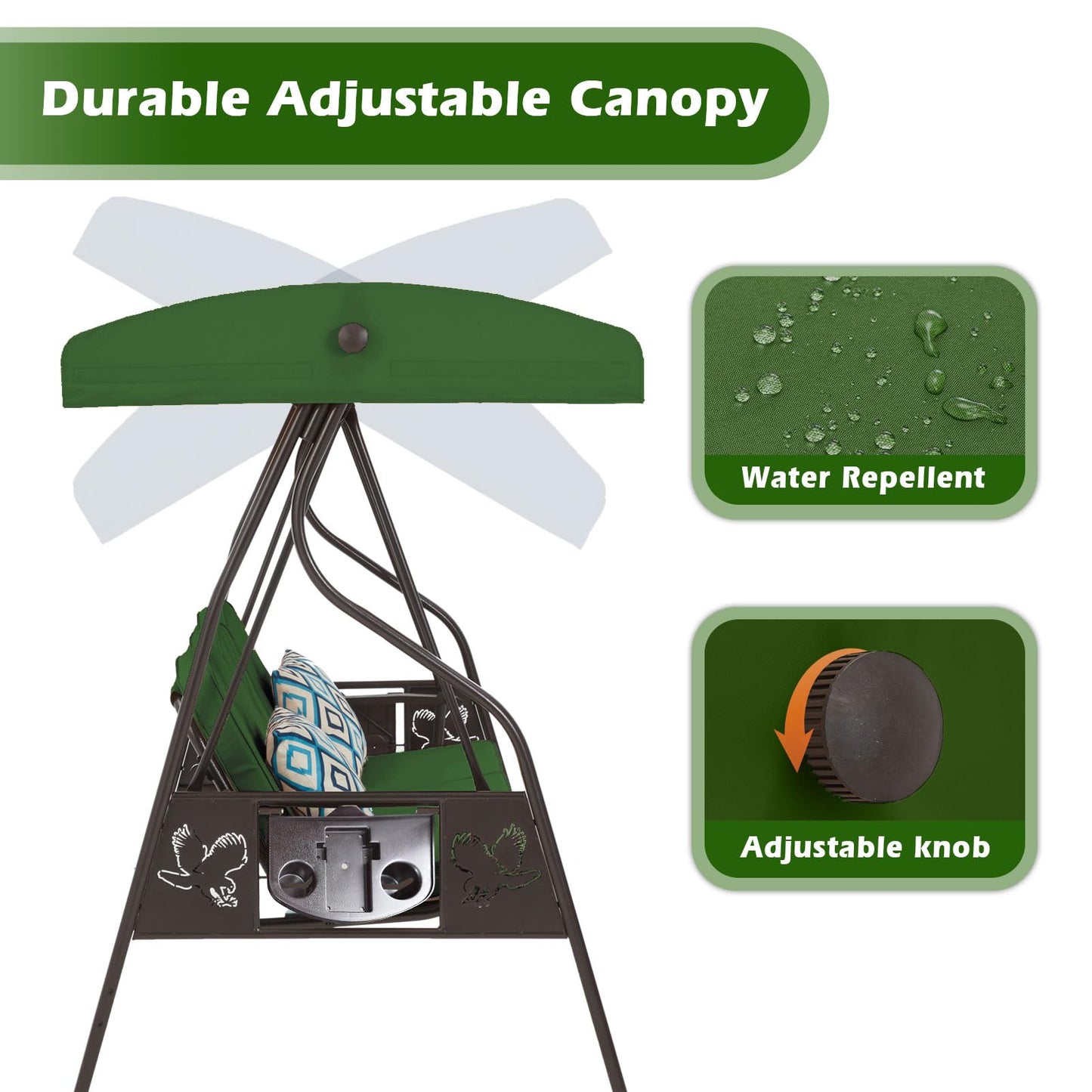 ZZW 3-Seat Outdoor Porch Swing with Stand Patio Swing with Canopy 2 in 1 Porch Swing Bed & Patio Swing Chair for Adult w/Extra Pillows and Cup Holder for Yard(Green)