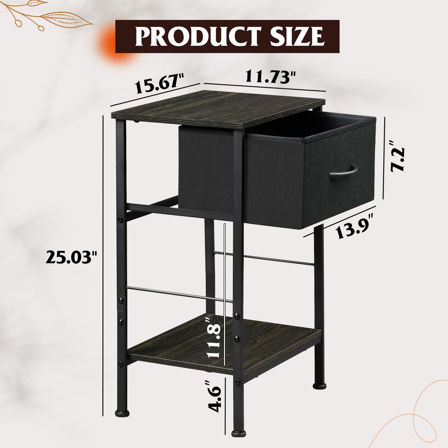 WLIVE Night Stand Set 2, Black Nightstand with Fabric Storage Drawer and Open Wood Shelf, Nightstand Set of 2 with Steel Frame, Side Table for Bedroom, Dorm, Charcoal Black, 25.03" Height