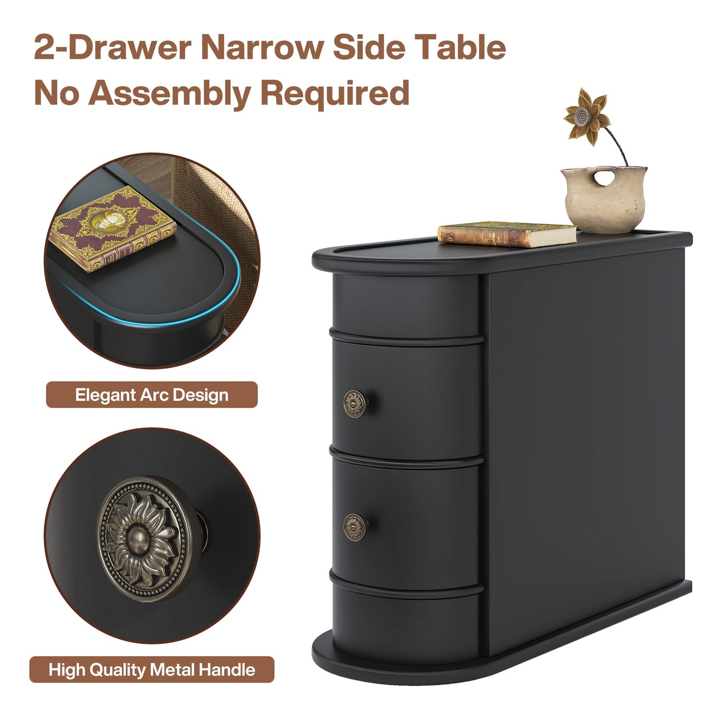 Tribesigns Wood End Table Set of 2, Narrow Solid Side Table 2-Drawer Slim Chair Side Table, No Assembly Required, Finished Back, Black