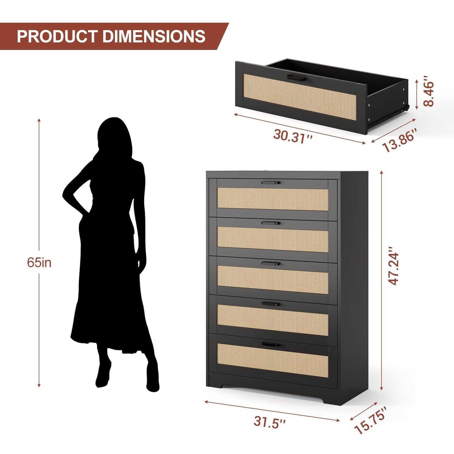 5 Drawer Dresser for Bedroom Wooden Spacious Storage Chest of Drawers with Wide Top Rattan Chest of Dressers Modern Wood Tall Dresser with Metal Handle for Living Room Closet Hallway Entryway