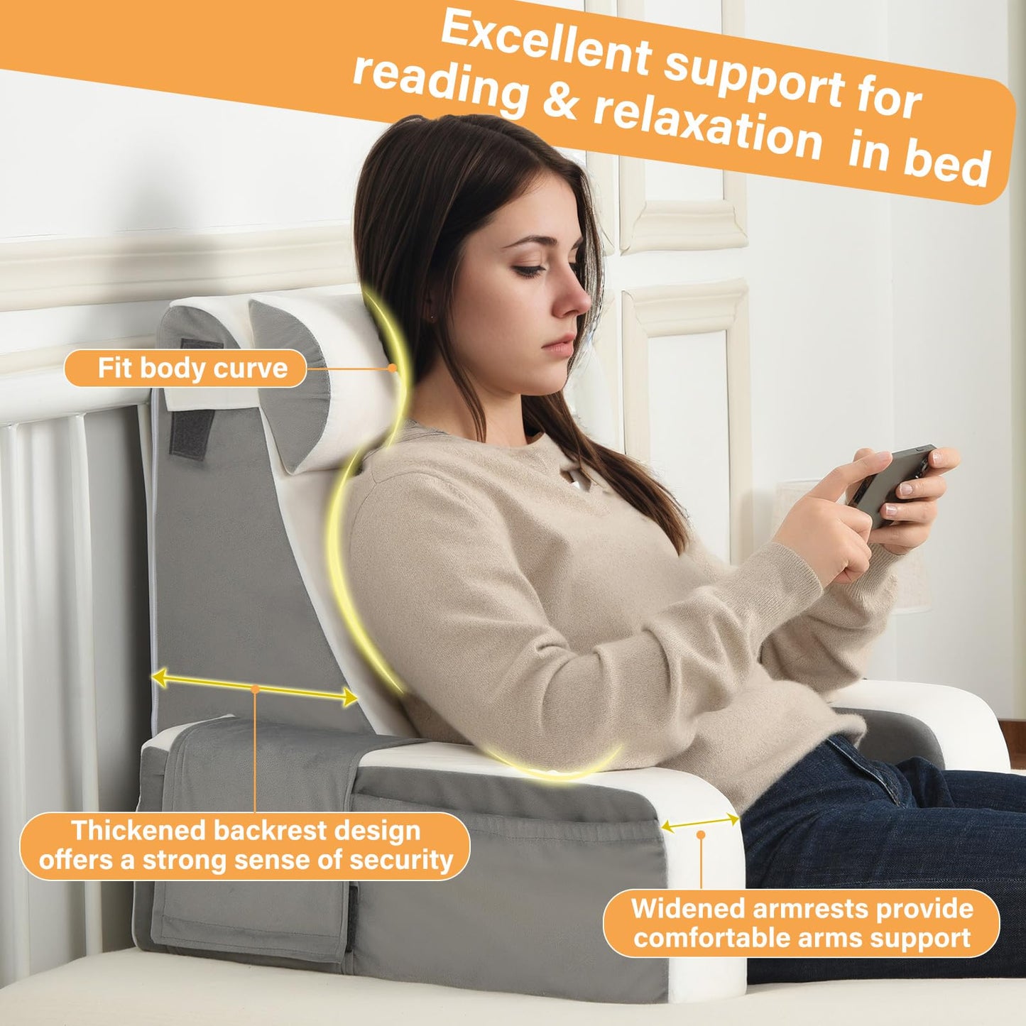 Vekkia Reading Pillow with Adjustable Arms & Headrest – Zoned Foam Support, XL Side Pockets, Removable Cover, Back Support Chair for Reading, Gaming, Post-Surgery Recovery in Bed or Floor, 21"