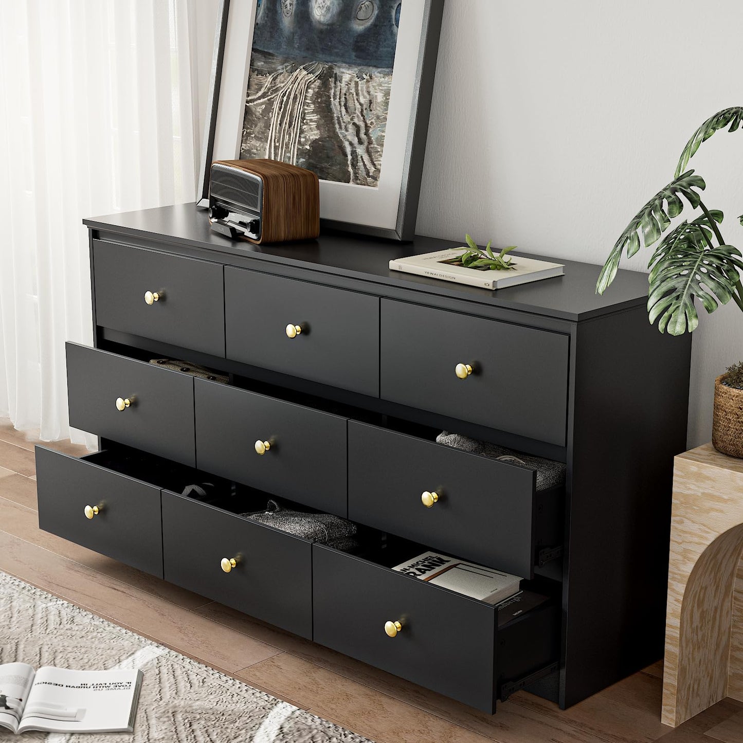 Tradare 9 Drawers Dresserfor Bedroom, 59" Wide Modern Chest of Drawers with Ample Storage, Dresser TV Stand, Wooden Storage Organizer for Living Room, Hallway, Black