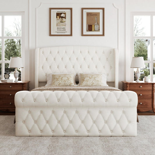 viplov Queen Size Platform Bed Frame, Chenille Upholstered Sleigh Bed with Scroll Wingback Headboard & Footboard, 52" Tall Headboard, Button Tufted, No Box Spring Required, Wood Slats Support, Beige