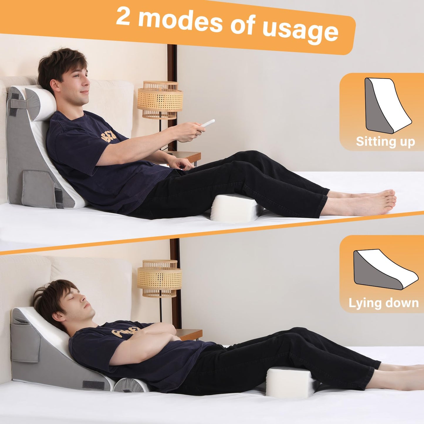 Vekkia Reading Pillow with Adjustable Arms & Headrest – Zoned Foam Support, XL Side Pockets, Removable Cover, Back Support Chair for Reading, Gaming, Post-Surgery Recovery in Bed or Floor, 21"